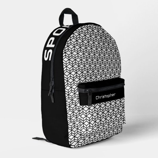 Modernes Wiederholmuster Schwarz-weiß Bedruckter Rucksack (Rückseitige Ecke links)