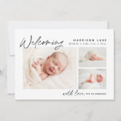 Modernes Willkommen Drei Fotos Geburt Ankündigung (Vorderseite)