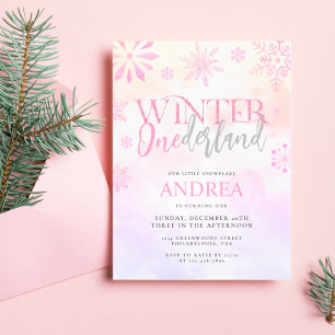 Modernes Winter-Wunderland Rosa Mädchen 1. Geburts Einladung