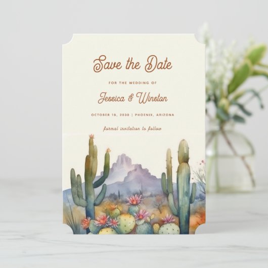 Modernes Wüstenkaktus-Foto Save the Date Einladung (Stehend Vorderseite)
