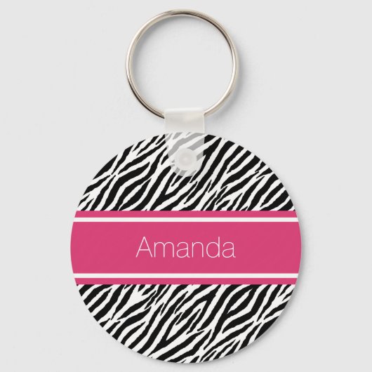 Modernes Zebra-Print mit rosa Streifen und Namen Schlüsselanhänger (Vorderseite)