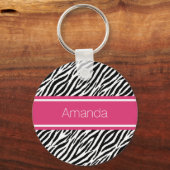 Modernes Zebra-Print mit rosa Streifen und Namen Schlüsselanhänger (Vorderseite)