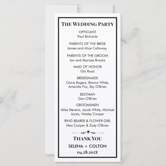 Modernes zeitloses Schwarz-Weiß-Hochzeitsprogramm (Rückseite)