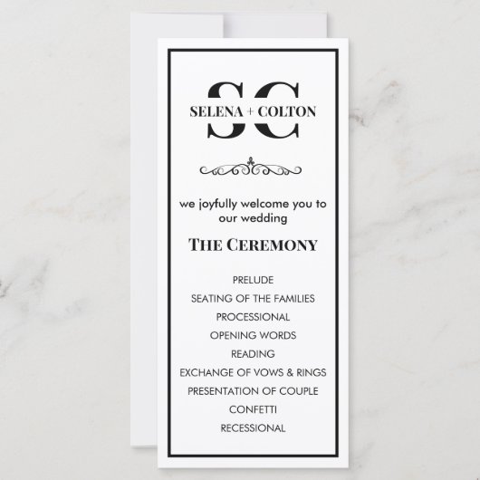 Modernes zeitloses Schwarz-Weiß-Hochzeitsprogramm (Vorderseite)