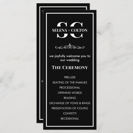 Modernes zeitloses Schwarz-Weiß-Hochzeitsprogramm (Vorne/Hinten)