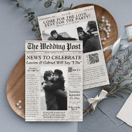 Modernes Zeitungs-Foto QR Code Hochzeitseinladung Einladung