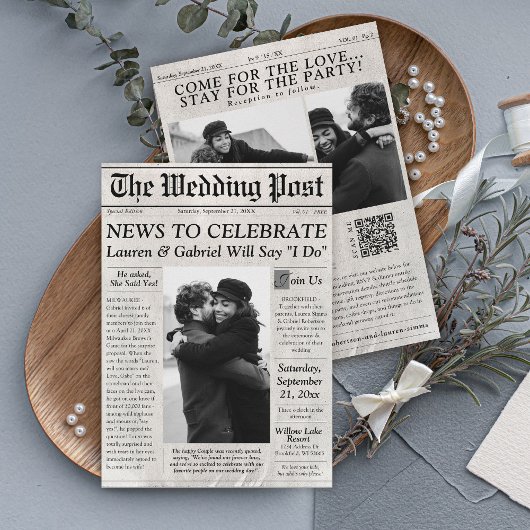 Modernes Zeitungs-Foto QR Code Hochzeitseinladung Einladung