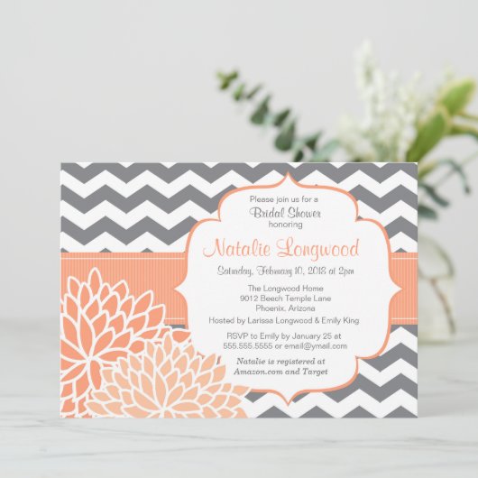 Modernes Zickzack Blumenbaby oder Brautparty-Pfirs Einladung (Stehend Vorderseite)