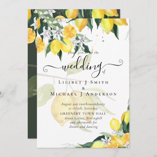 Modernes Zitronenbaum Hochzeit Einladung Elegant (Vorne/Hinten)