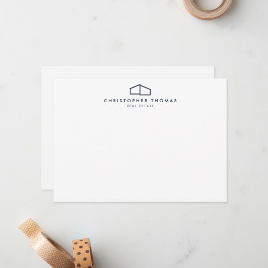 Modernes Zuhause-Logo in Navy Blue Flat Note Card Mitteilungskarte (Vorderseite/Rückseite Beispiel)