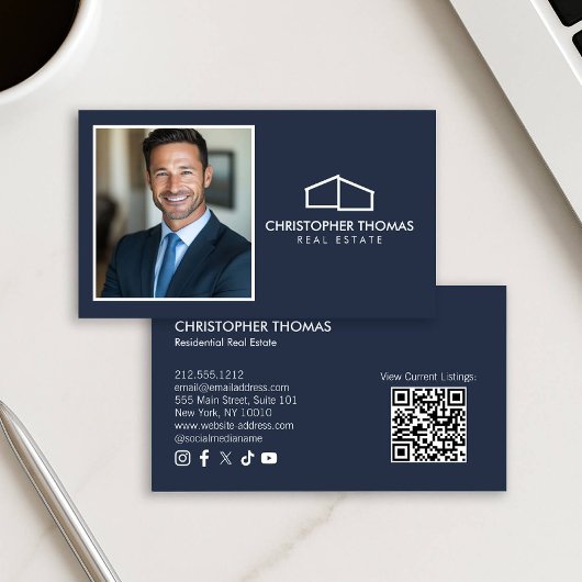 Modernes Zuhause-Logo Realtor Foto Navy Blue Visitenkarte