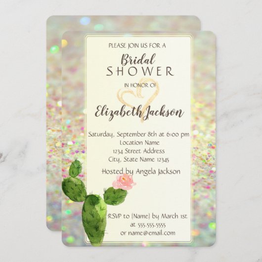 ModernGlitter Bokeh Cactus Brautparty Einladung (Vorne/Hinten)