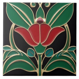 Modernist Art Nouveau Bold Black Green Blume Fliese