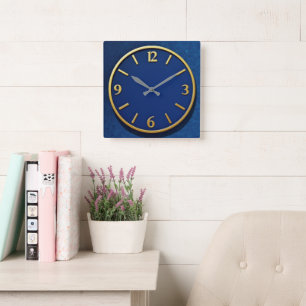 Modernist Blau + Gold Quadratische Wanduhr
