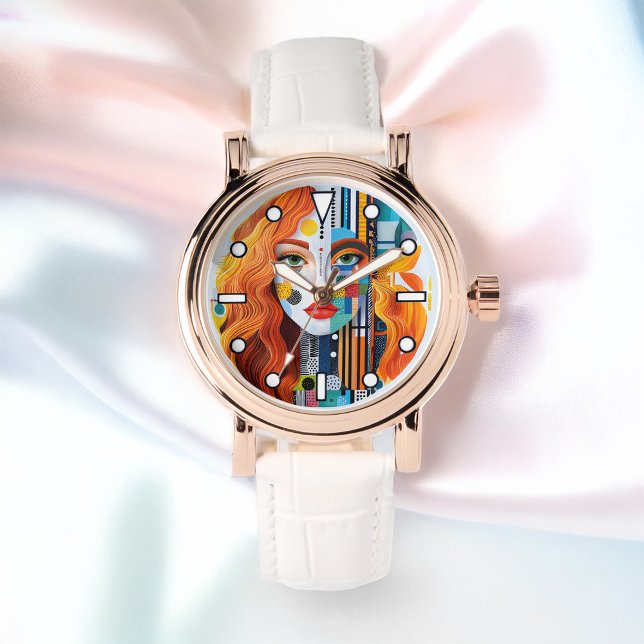 Modernist geometrische Pop Kunst Frauen Gesicht Da Armbanduhr (Modernist Geometric Pop Art Woman's Face Ladies Watch)