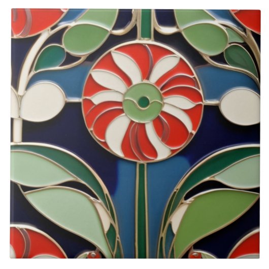 Modernistische Jugendstil-Rundroter Blume Fliese (Vorderseite)