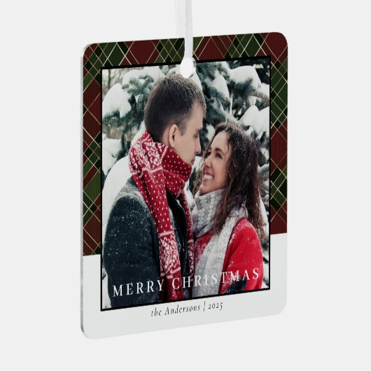 Modernl Stylish Red Kariert Christmas Couple Foto Ornament Aus Metall (Vorderseite Rechts)