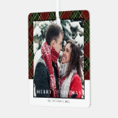 Modernl Stylish Red Kariert Christmas Couple Foto Ornament Aus Metall (Vorderseite links)