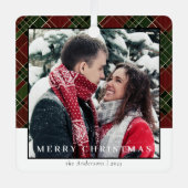Modernl Stylish Red Kariert Christmas Couple Foto Ornament Aus Metall (Vorderseite)
