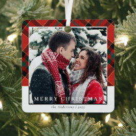 Modernl Stylish Red Kariert Christmas Couple Foto Ornament Aus Metall