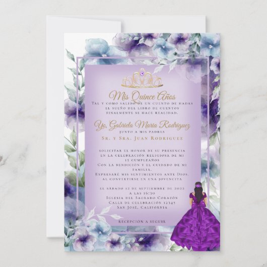 Modernos Flores Moradas Quinceañera Einladung (Vorderseite)