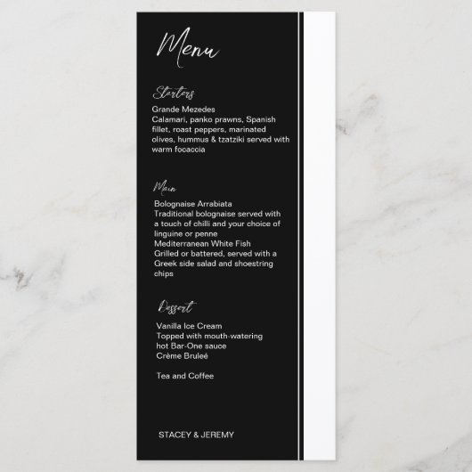 Modernstes Skriptmenü mit minimalistischem Schwarz Menükarte (Vorderseite)