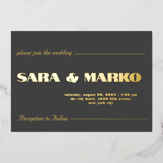 ModernTypografie | Minimalistische Hochzeit Folieneinladung (Vorderseite)