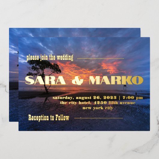 ModernTypografie | Minimalistische Hochzeit Folieneinladung (Vorderseite/Rückseite)