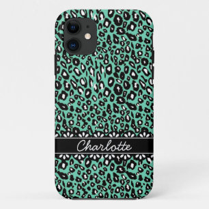 Modisch geprägter Minze Leopard Print and Lace iPhone 11 Hülle