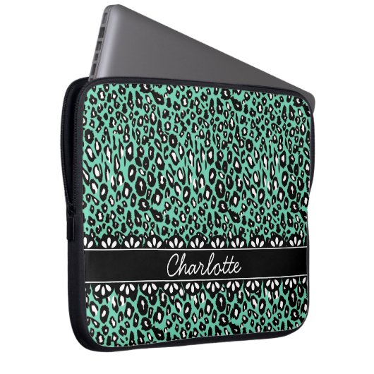 Modisch geprägter Minze Leopard Print and Lace Laptopschutzhülle (Vorne Rechts)