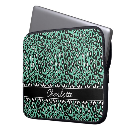 Modisch geprägter Minze Leopard Print and Lace Laptopschutzhülle (Vorderseite Links)