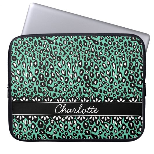 Modisch geprägter Minze Leopard Print and Lace Laptopschutzhülle (Vorderseite)