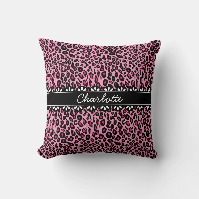Modisch rosa Leopard Print and Lace Kissen (Vorderseite)