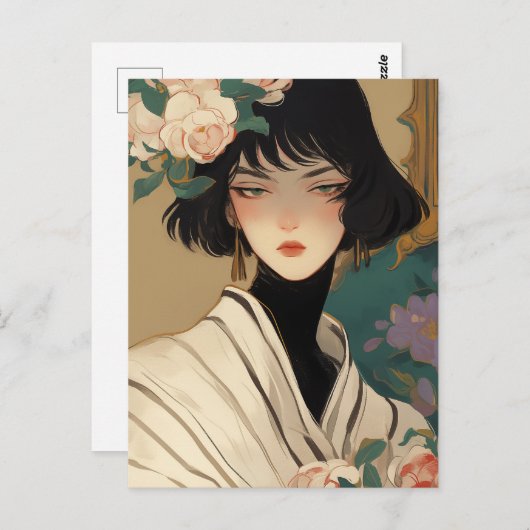 Modische Dame mit Blume in ihrer Haare Postkarte (Vorne/Hinten)