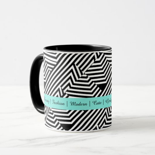 Modische geometrische Aqua-Schwarzweiss-Mode Tasse (Vorderseite Links)