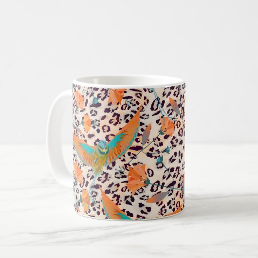 Modische Leopardendrucke, Paradiesvögel Kaffeetasse (Vorderseite Links)