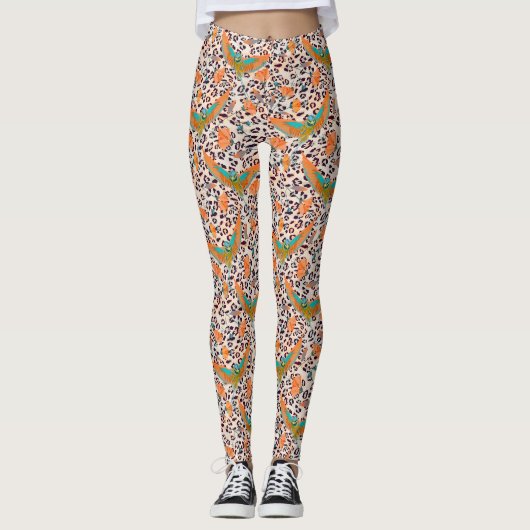 Modische Leopardendrucke, Paradiesvögel Leggings (Vorderseite)