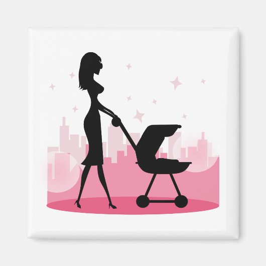 Modische Mommy Pushing Baby Carriage Magnet (Vorne)