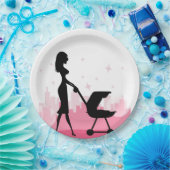 Modische Mommy Pushing Baby Carriage Pappteller (Party)