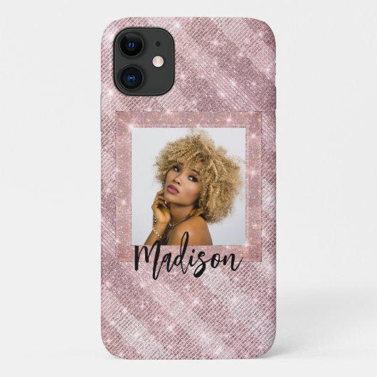 Modische Rose Gold Glitzer Foto Name Stilvoll Case-Mate iPhone Hülle (Rückseite)