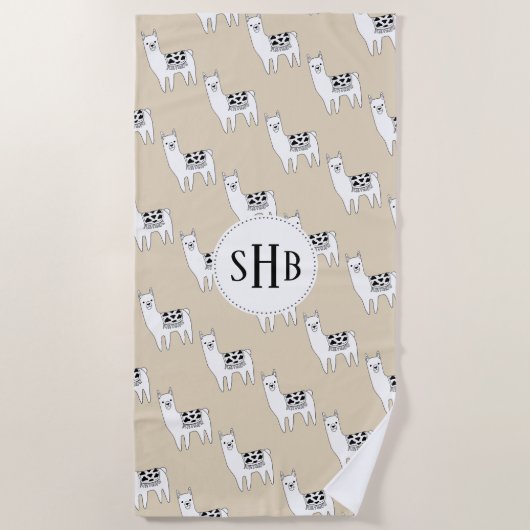 Modische Schwarz-u. Lama-Skizze mit Initialen Strandtuch (Vorderseite)