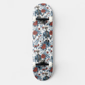 Modische Skelette in Jean-Jacke mit Rose Skateboard (Vorderseite)