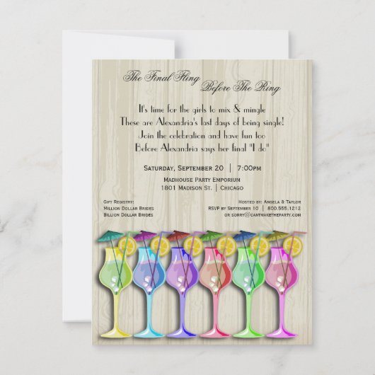 Modische tropische Regenschirm-Getränke Einladung (Rückseite)