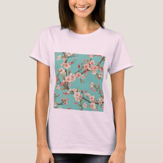 Modische türkisfarbene Cherry Blossom T-Shirt (Vorderseite)