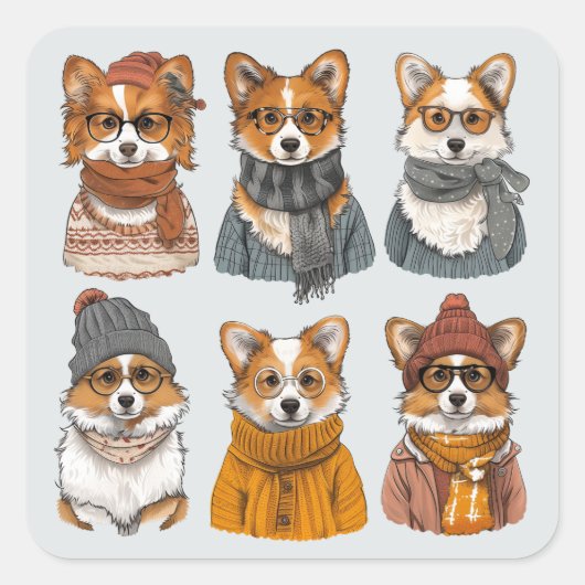 Modische Welsh Corgi Hunde Quadratischer Aufkleber (Vorderseite)