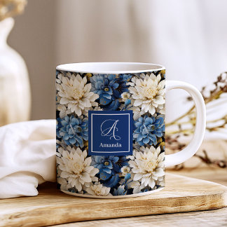 Modischer blauer Elfenbein-Blumen personalisierter Kaffeetasse