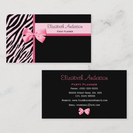 Modischer Event-Planerrosa und schwarzer Zebra mit Visitenkarte (Vorne/Hinten)