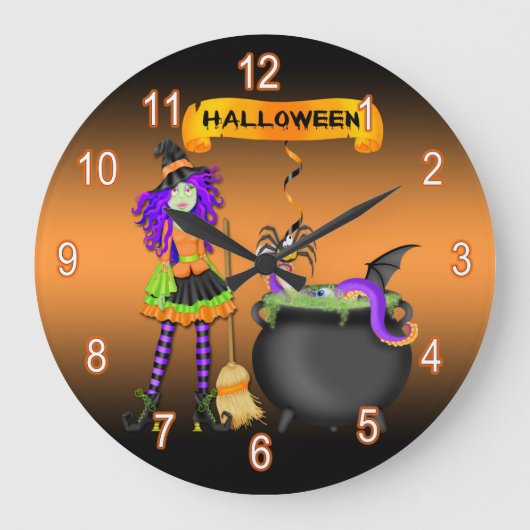 Modischer Halloween-Hexe-Kessel-runde Wanduhr (Vorderseite)