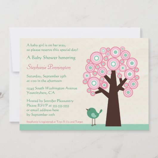 Modischer Kreisbaum und Vogel-Babypartyeinladung Einladung (Vorderseite)
