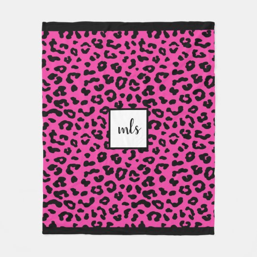 Modischer Pink-Leopard-Tierdruck-Monogramm Fleecedecke (Vorderseite)